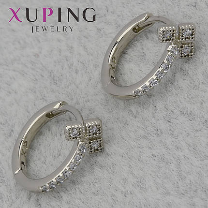 Серёжки женские фирма Xuping Jewelry родий кольцо конго стрелочки камушки белый циркон размер изделия 10х5 мм, фото 1