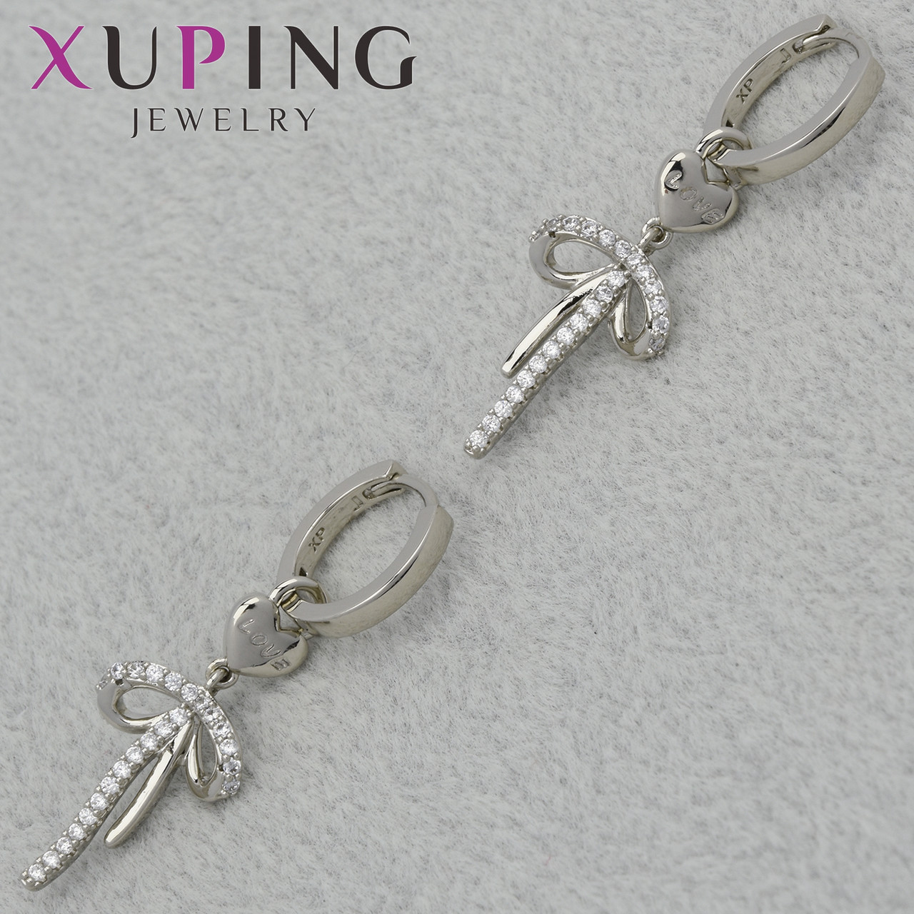 Серёжки женские фирма Xuping Jewelry родий кольцо конго бантики камень белый циркон  размер изделия 35х15 мм