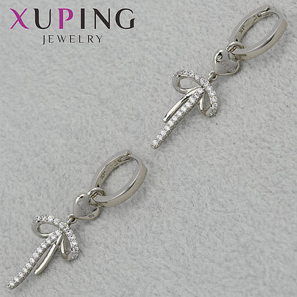Серёжки женские фирма Xuping Jewelry родий кольцо конго бантики камень белый циркон размер изделия 35х15 мм, фото 1