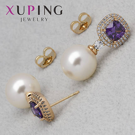Серьги женские золотистого цвета Xuping Jewelry гвоздики пуссеты с белым цирконом размер изделия 17х10 мм, фото 1