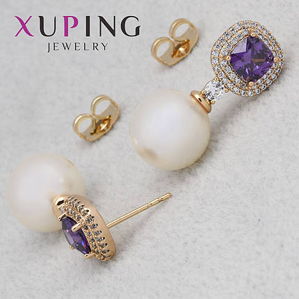 Серьги женские золотистого цвета Xuping Jewelry гвоздики пуссеты с белым цирконом размер изделия 17х10 мм, фото 2