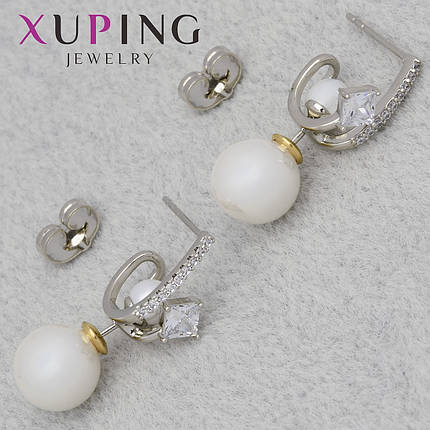 Серьги женские серебристого цвета Xuping Jewelry гвоздики пуссеты с жемчужинками циркон размер изделия 25х8 мм, фото 2