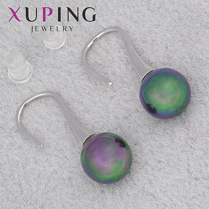 Серьги женские серебристого цвета Xuping Jewelry застёжка петля с переливающимися бусинами размер 25х10 мм, фото 2