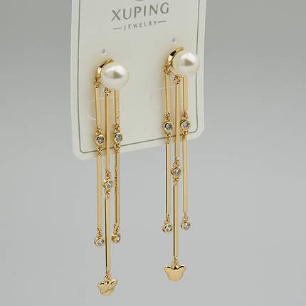 Серьги женские золотистого цвета Xuping Jewelry гвоздики пуссеты с висюльками и жемчужинками размер 65х6 мм, фото 1