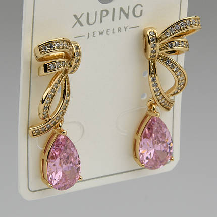 Серьги женские золотистого цвета Xuping Jewelry гвоздики пуссеты бантики с розовым цирконом размер 35х12 мм, фото 1