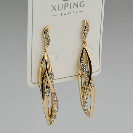 Серьги женские золотистого цвета Xuping Jewelry гвоздики пуссеты с хрустальными белыми стразами размер 45х3 мм, фото 1