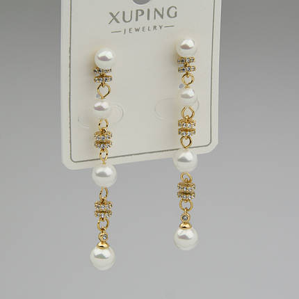 Серьги женские золотистого цвета Xuping Jewelry гвоздики висюльки с стразами и жемчужинками размер 55х5 мм, фото 1