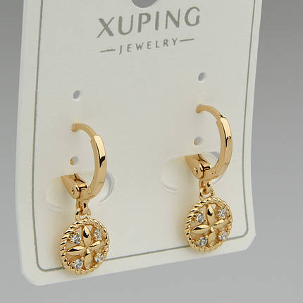 Серёжки женские золотистого цвета Xuping Jewelry 18K кольцо конго цветочки с белыми сапфирами длина 23 мм, фото 1