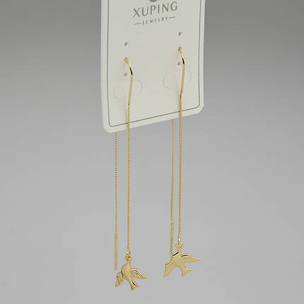 Серьги женские золотистого цвета Xuping Jewelry застёжка петля висюльки с птичками длина 75 мм, фото 1