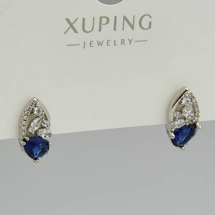 Серьги женские серебристого цвета Xuping Jewelry родий гвоздики с белым и синим цирконом размер 15х7 мм, фото 1