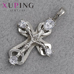 Хрестик сріблястого кольору фірми Xuping медичне золото з кристалами розмір виробу 26х8 мм