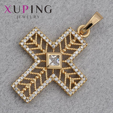 Крестик золотистого цвета фирмы Xuping медицинское золото с хрустальными стразами размер изделия 33х25 мм, фото 1