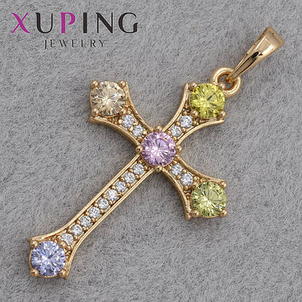 Крестик золотистого цвета фирмы Xuping медицинское золото с разноцветными кристаллами размер изделия 33х20 мм, фото 1