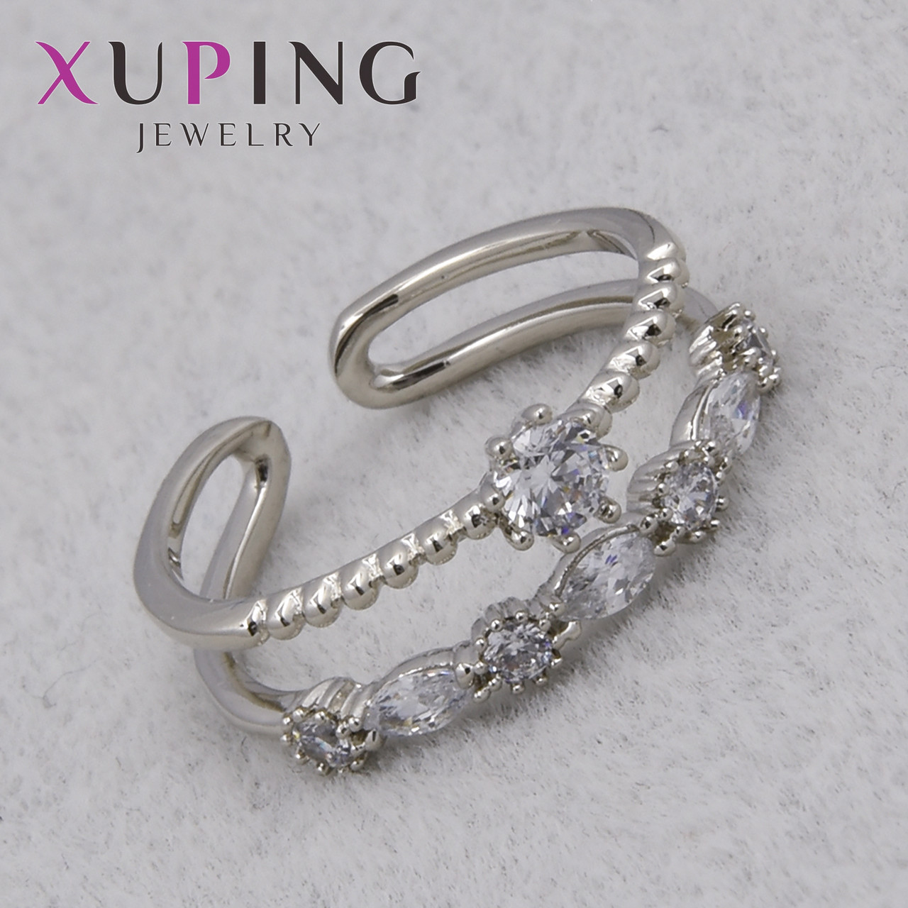Кольцо серебристого цвета Xuping Jewelry медицинский сплав с белыми кристаллами 18К незамкнутое ширина 5 мм