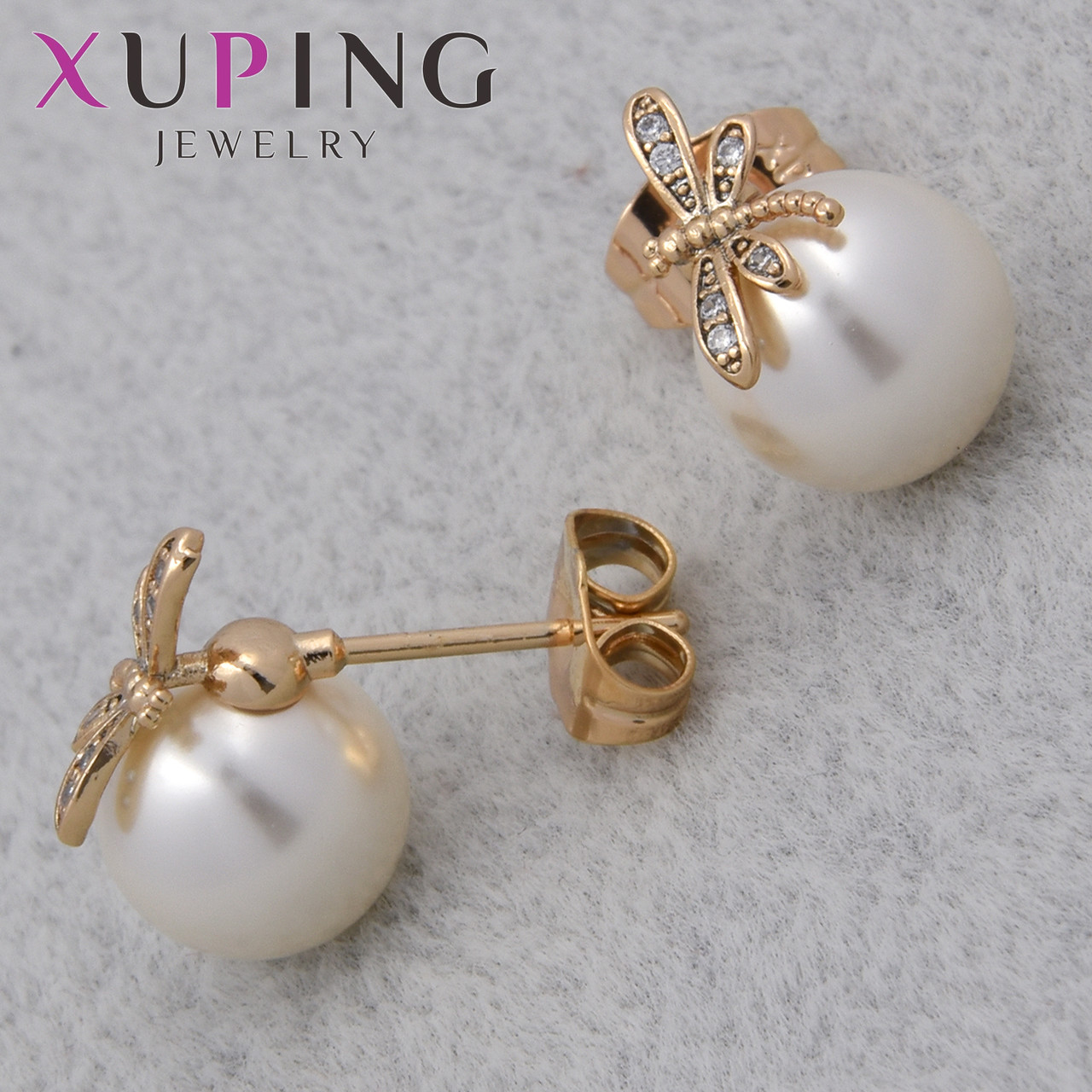 Серьги женские золотистого цвета Xuping Jewelry гвоздики пуссеты стрекозы со стразами и жемчугом диаметр 11 мм