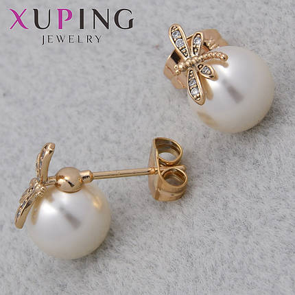 Серьги женские золотистого цвета Xuping Jewelry гвоздики пуссеты стрекозы со стразами и жемчугом диаметр 11 мм, фото 1