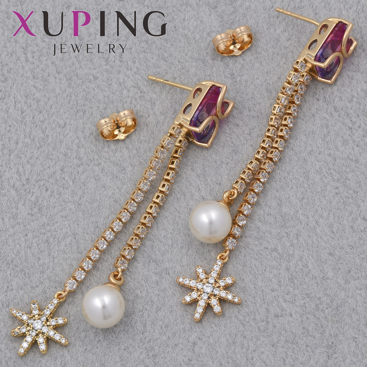 Серьги женские золотистого цвета Xuping Jewelry гвоздики пуссеты с белыми кристаллами висюльки размер 65х8 мм