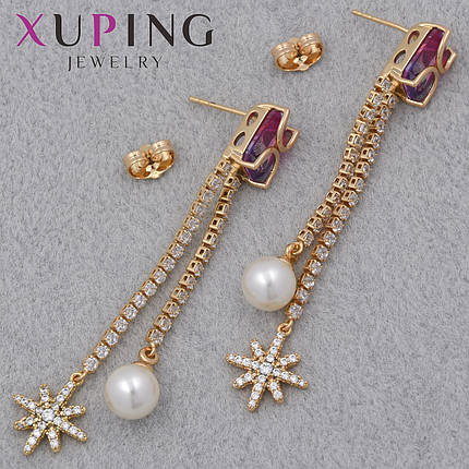 Серьги женские золотистого цвета Xuping Jewelry гвоздики пуссеты с белыми кристаллами висюльки размер 65х8 мм, фото 1