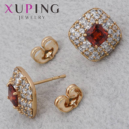 Серьги женские золотистого цвета Xuping Jewelry гвоздики пуссеты с белыми и рубиновыми камушками диаметр 12 мм, фото 1