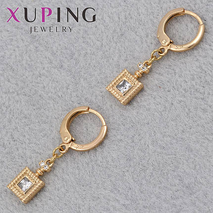 Серёжки женские позолота 18K Xuping Jewelry кольцо конго с висюльками и белыми стразами диаметр колечка 11 мм, фото 1