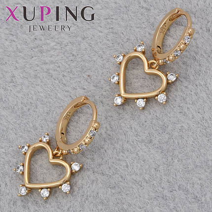 Серёжки женские позолота 18K Xuping Jewelry кольцо конго с белыми стразами сердечки диаметр колечка 11 мм, фото 1