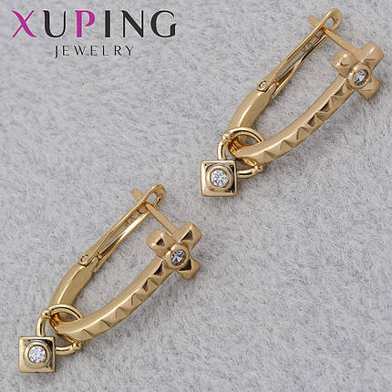 Серьги женские золотистого цвета Xuping Jewelry английская застёжка с белыми кристаллами размер 20х11 мм, фото 1