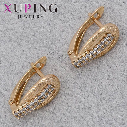 Серьги женские золотистого цвета Xuping Jewelry английская застёжка с белыми камушками размер 15х7 мм, фото 1