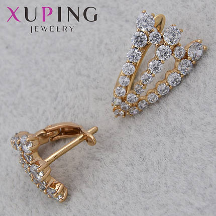 Серьги женские золотистого цвета Xuping Jewelry английская застёжка с белыми стразами размер 17х11 мм, фото 1