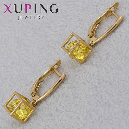 Серьги женские золотистого цвета Xuping Jewelry английская застёжка с жёлтым цирконом размер 25х8 мм, фото 1