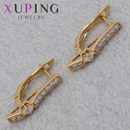 Серьги женские золотистого цвета Xuping Jewelry английская застёжка с белыми кристаллами размер 20х3 мм, фото 1