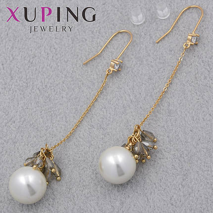 Серьги женские золотистого цвета Xuping Jewelry застёжка петля с бусинами и кристаллами длина 85 мм, фото 1