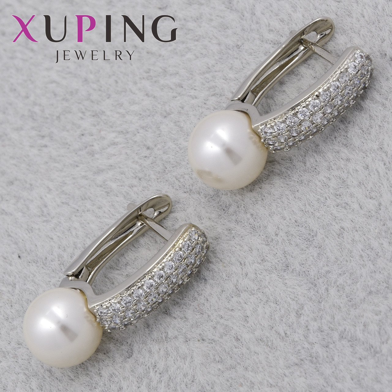 Сережки жіночі сріблясті фірма Xuping Jewelry родій англійська застібка зі стразами та перлами розмір 20х4мм