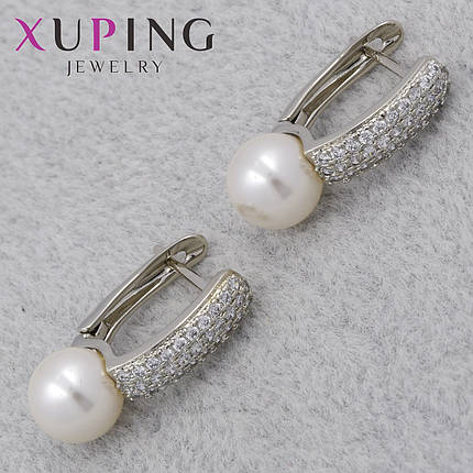 Серёжки женские серебристые фирма Xuping Jewelry родий английская застёжка с стразами и жемчугом размер 20х4мм, фото 1