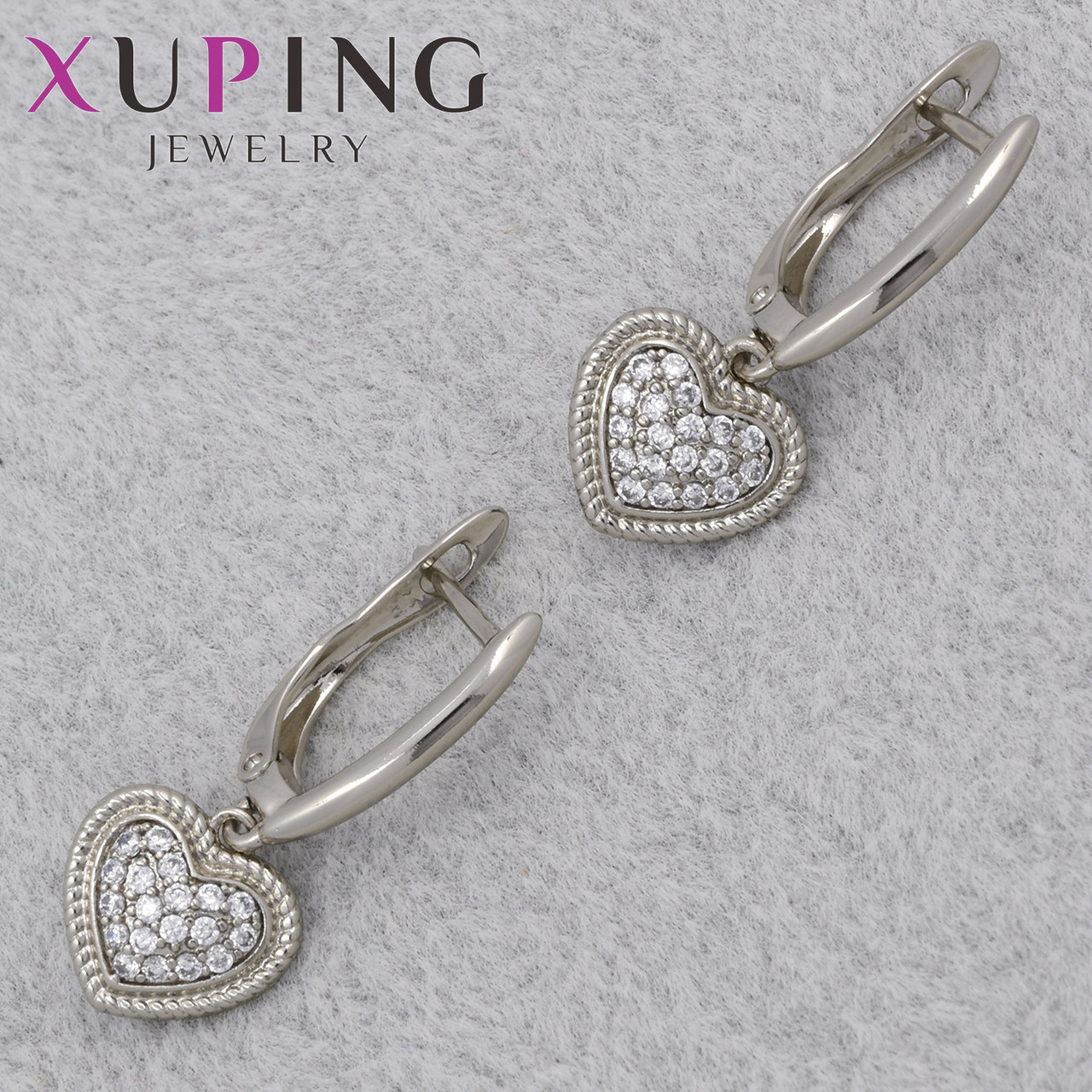 Серёжки женские серебристые фирма Xuping Jewelry родий английская застёжка сердечки с стразами размер 25х3 мм
