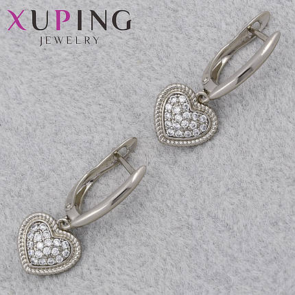 Серёжки женские серебристые фирма Xuping Jewelry родий английская застёжка сердечки с стразами размер 25х3 мм, фото 1