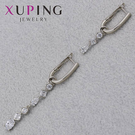 Серёжки английская застежка сребристого цвета Xuping Jewelry покрыты родием дорожки разных длин 55 и 25 мм, фото 1