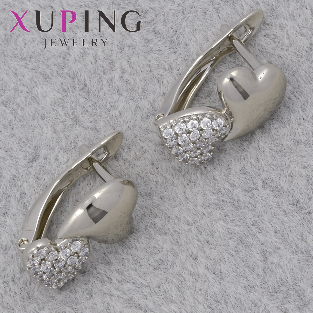 Серёжки английская застежка сребристого цвета Xuping Jewelry покрыты родием кристаллы сердца сердечки 17х9 мм