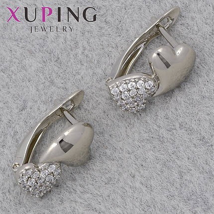 Серёжки английская застежка сребристого цвета Xuping Jewelry покрыты родием кристаллы сердца сердечки 17х9 мм, фото 1