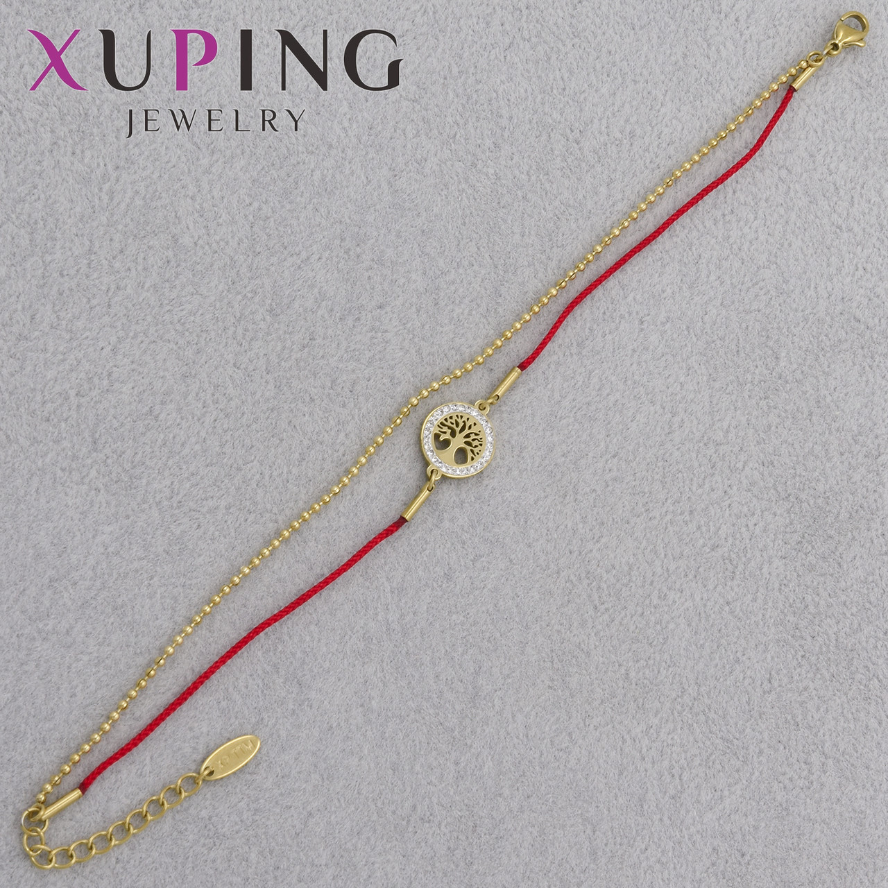 Браслет дві нитки червона + ланцюжок тонка кулон дерево життя кристалами Xuping позолота 18К кольору довжина 22 см