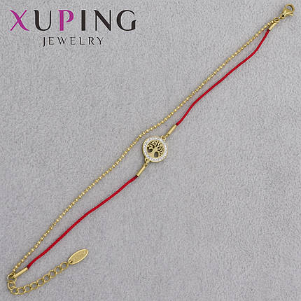 Браслет дві нитки червона + ланцюжок тонка кулон дерево життя кристалами Xuping позолота 18К кольору довжина 22 см, фото 1