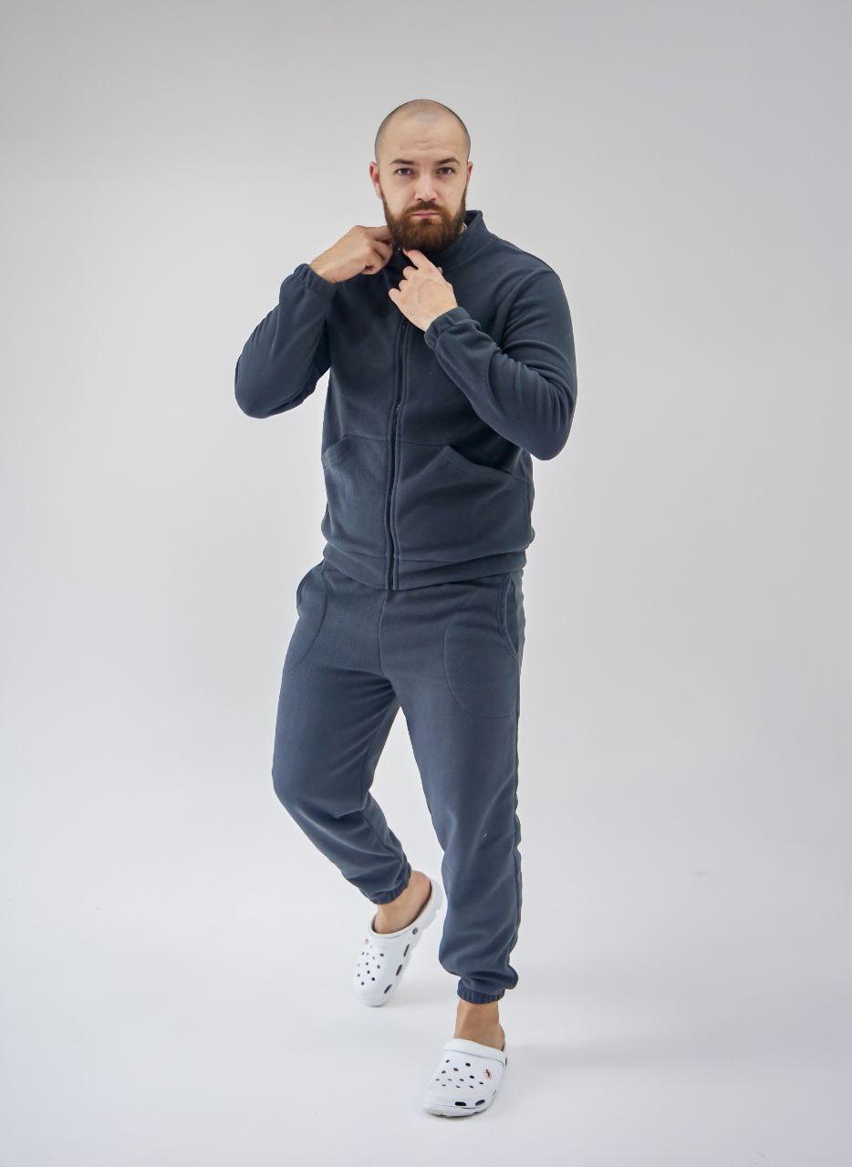 Домашній чоловічий костюм ФЛІСОВИЙ кофта на молнії та штанці ГРАФІТ/ХАКІ 408, фото 1