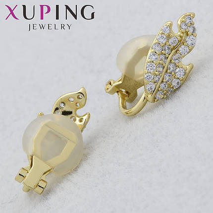 Серёжки клипсы Xuping Jewelry медицинское золото 14К лимонного цвета листочки с белыми стразами размер 17х7 мм, фото 1