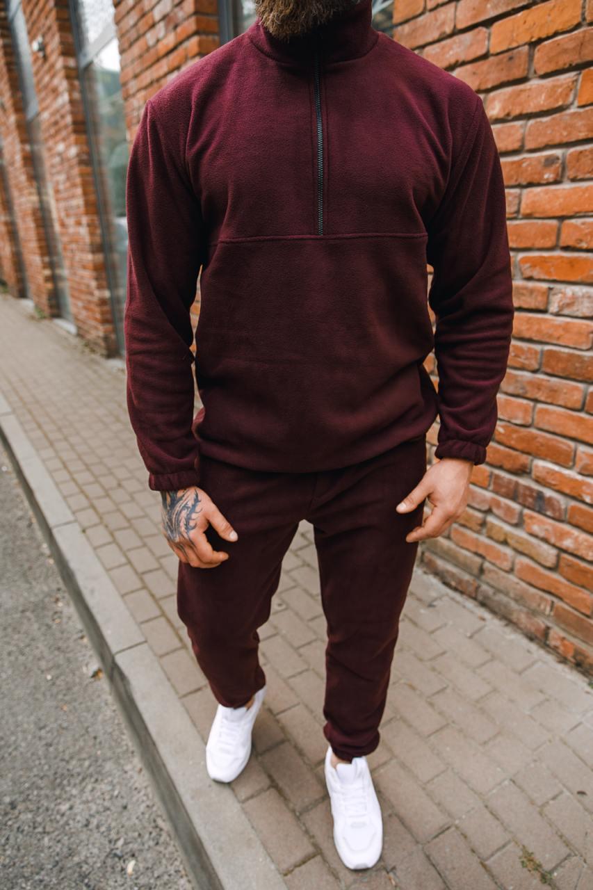 Бордовий спортивний костюм теплий чоловічий на блискавці без капюшона стильний костюм зимовий молодіжний на хлопця