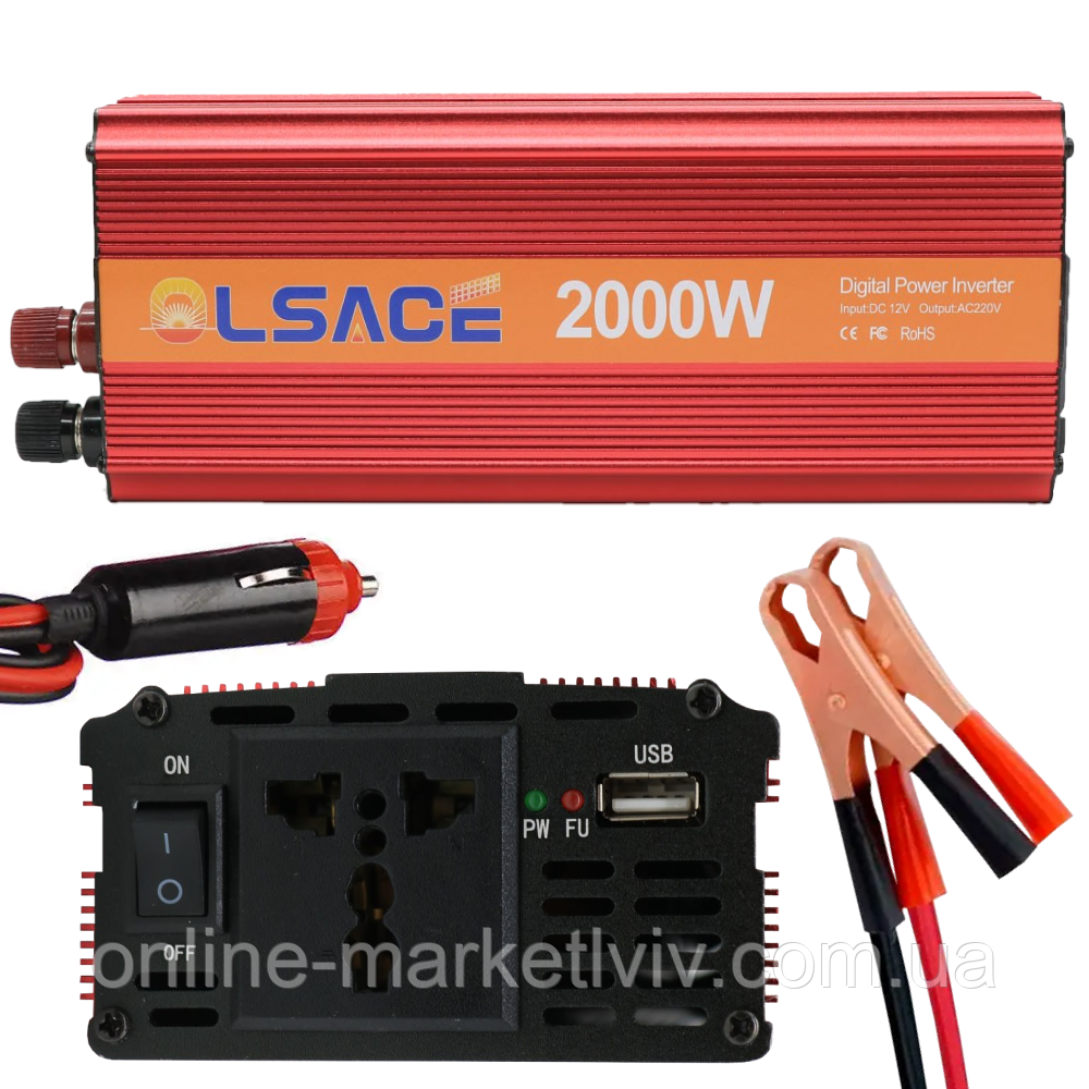 Перетворювач напруги 12В-220В AC/DC, 2000Вт, з USB + клеми, OLSACE / Автомобільний інвертор, фото 1