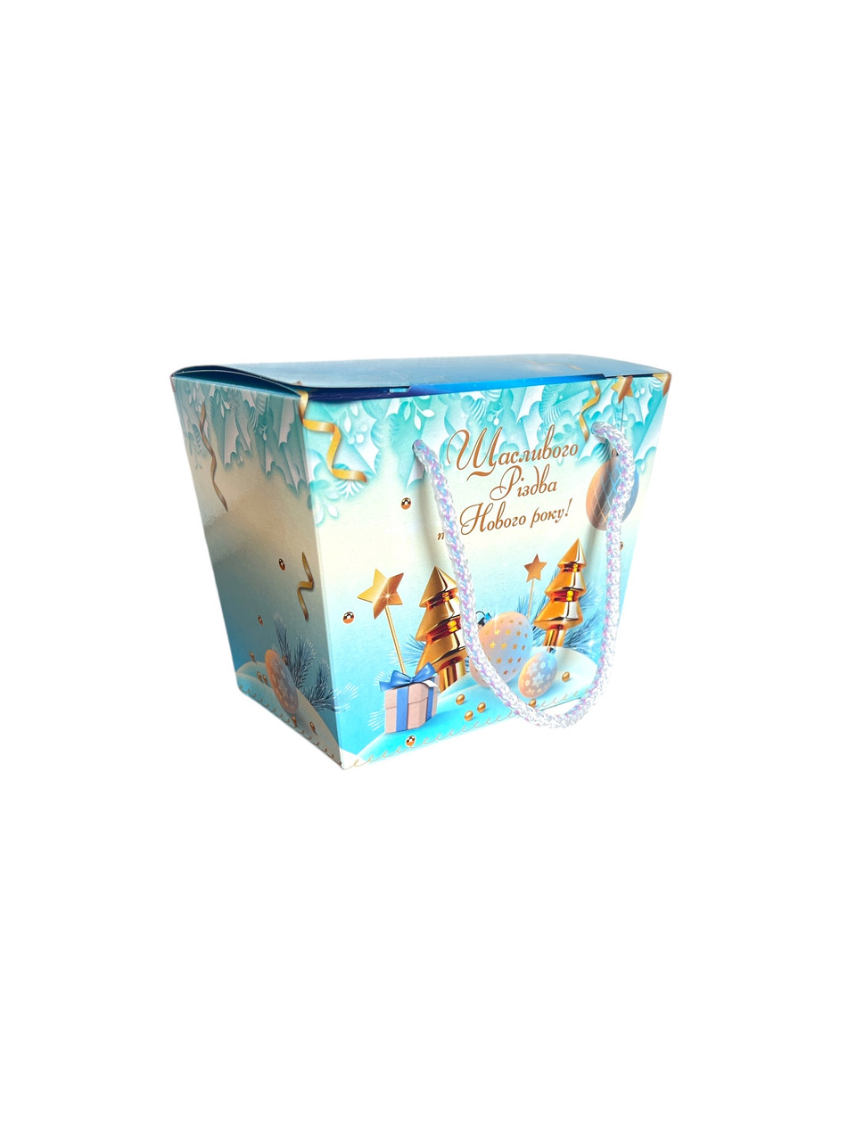 Новорічна коробка для цукерок до 700 г Блакитна з ручкою шнурівкою, фото 1