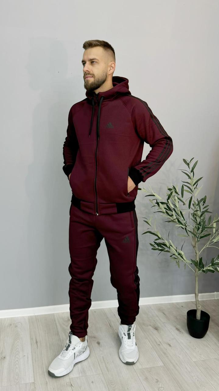 Чоловічий зимовий спортивний костюм Adidas бордовий з капюшоном на блискавці Комплект Адідас на флісі, фото 1