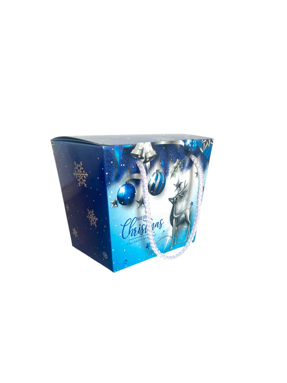 Новорічна коробка для цукерок до 700 г Синя з ручкою шнурівкою, фото 1