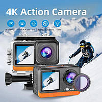 Водонепроникна екшн камера з подвійним екраном та сенсором 4К 60fps + карта 64гб і кейс в подарунок