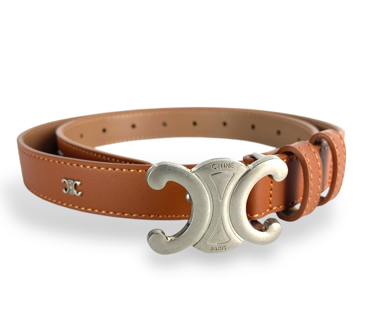 Ремінь жіночій шкіряний Celine ширина 25мм колір Коньяк пряжка темний-нікель, фото 1