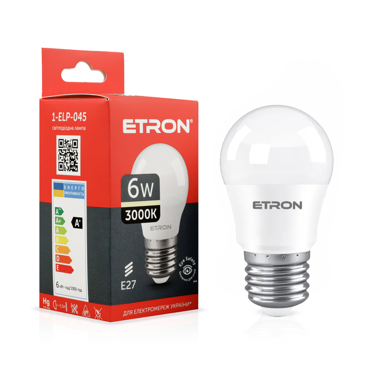 Світлодіодна LED лампа ETRON 6W G45 3000K 220V E27 тепле світло